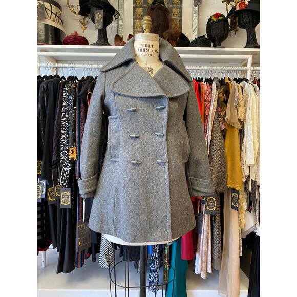 vintage 1970s gray wool double breasted pea coat, mod, med, butterfly collar - Picture 1 of 8